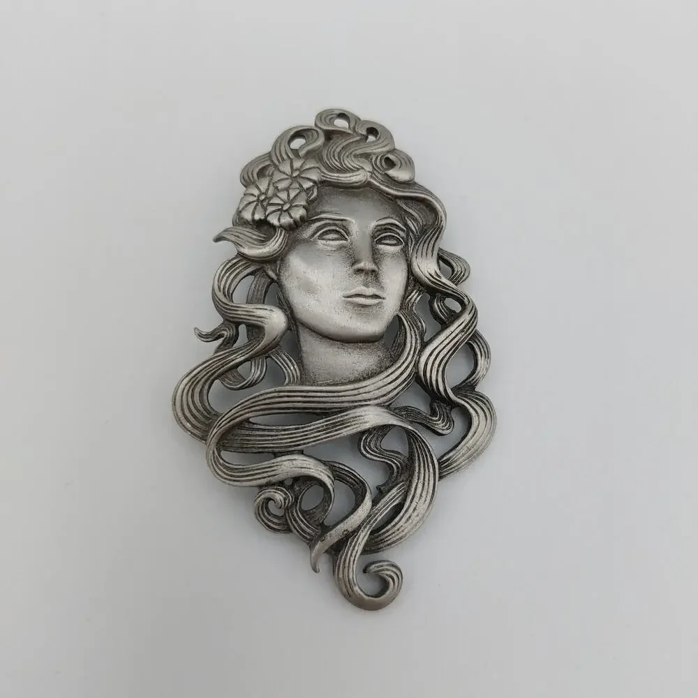 Vintage JJ 1988 Art Nouveau Pewter Lady Brooch Pin Jonette Jewelry Flowing Hair